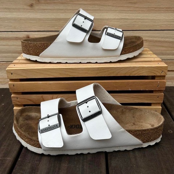 Birkenstock Arizona Birko-Flor White Leather Buckle Sandals - Picture 1 of 8